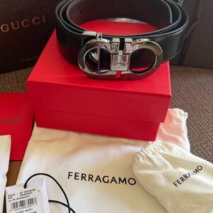New Salvatore Ferragamo Reversible Brown & Black Leather Belt with Silver Buckle